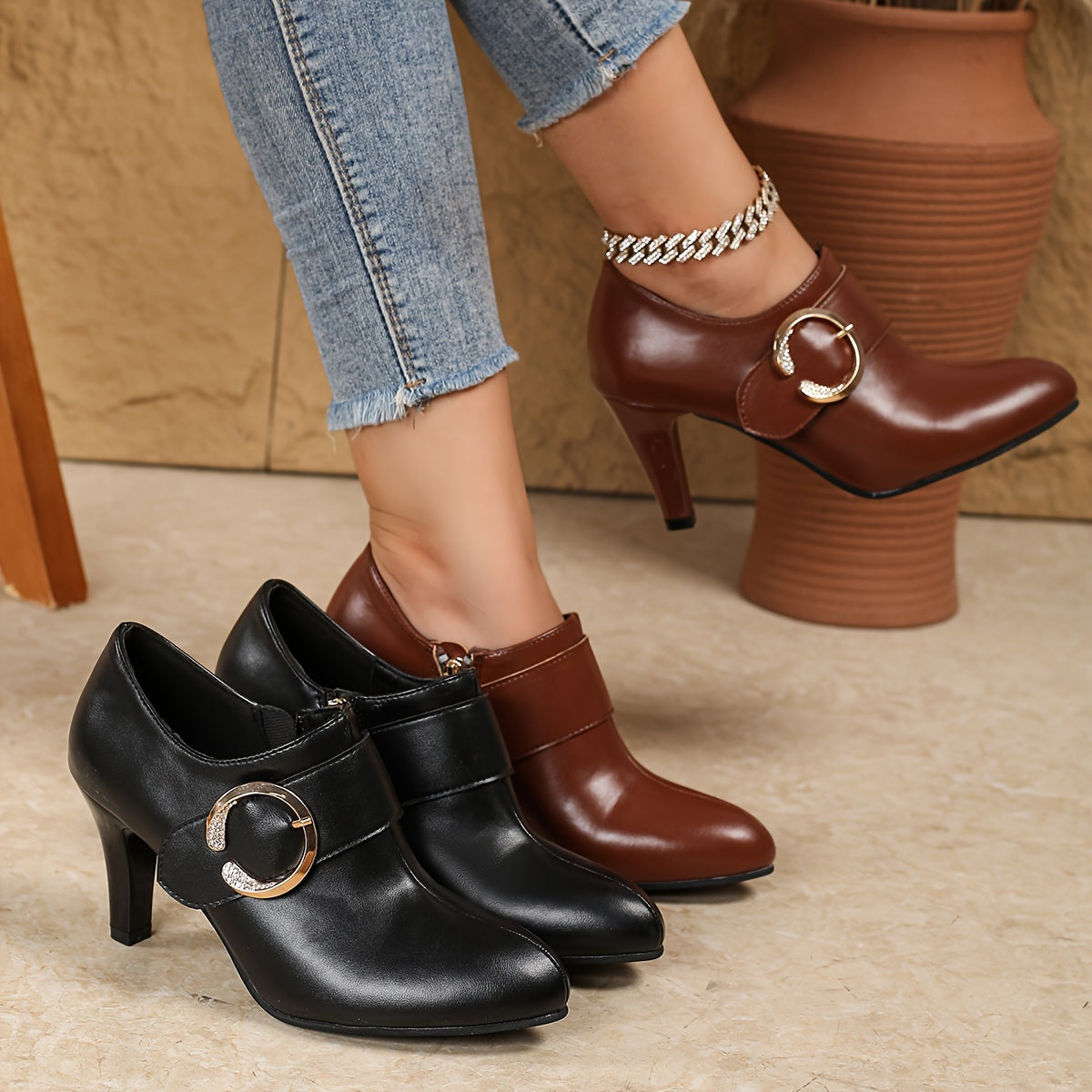 Women's Black Pointed-Toe High Heel Ankle Boots with Zipper and Adjustable Strap