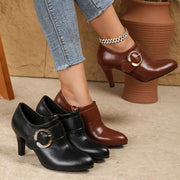 Women's Black Pointed-Toe High Heel Ankle Boots with Zipper and Adjustable Strap