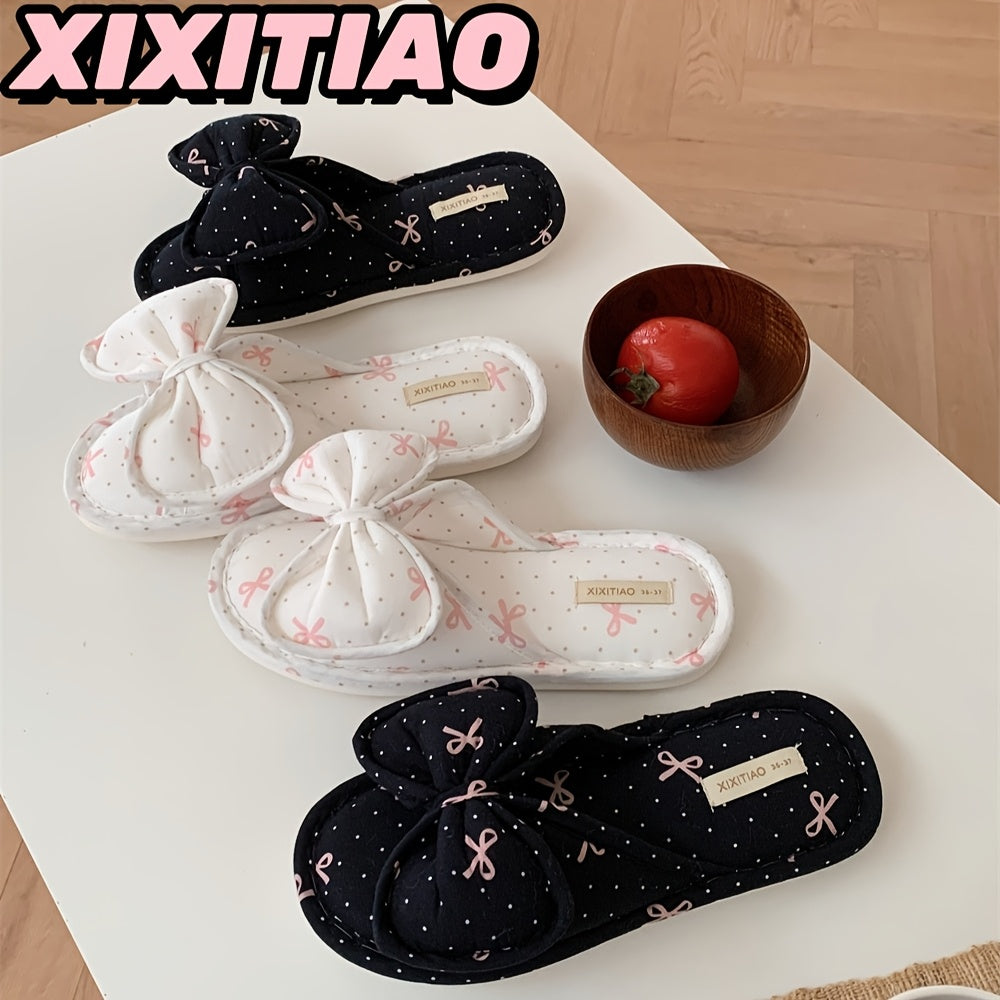 Women's Slip-On Indoor Slippers Soft Fabric Bow Non-Slip Pink Black