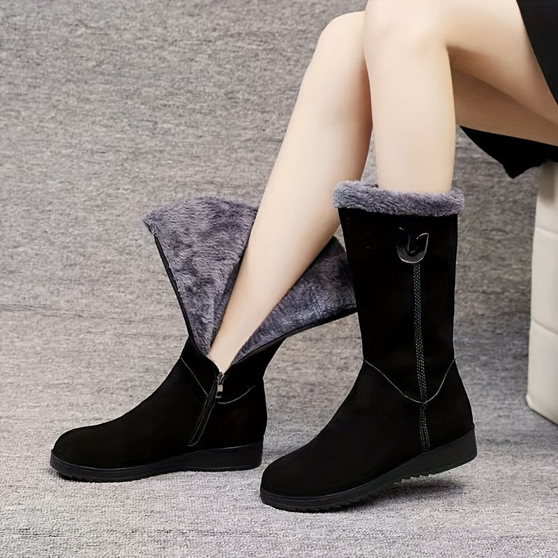 Women's Fleece-Lined Mid-Calf Winter Ankle Boots Flat Sole