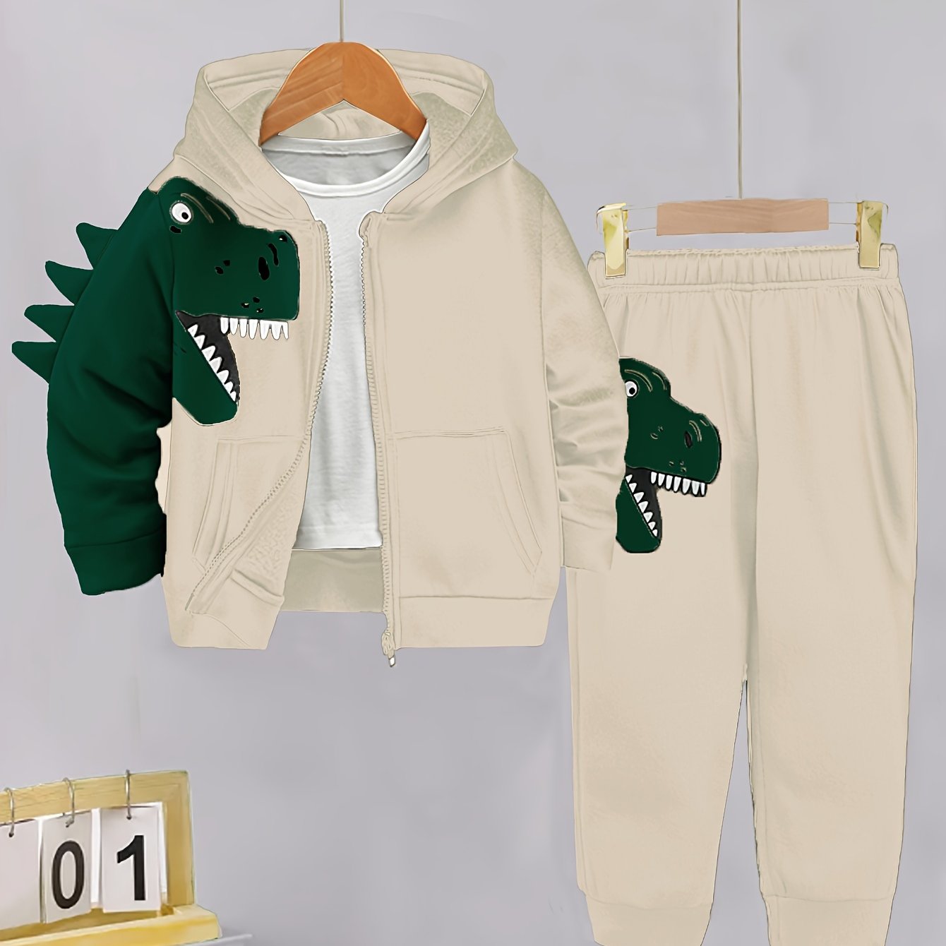 Toddler Boy Fleece-Lined Dinosaur Hoodie and Pants Set Fall Winter Cozy Machine Washable
