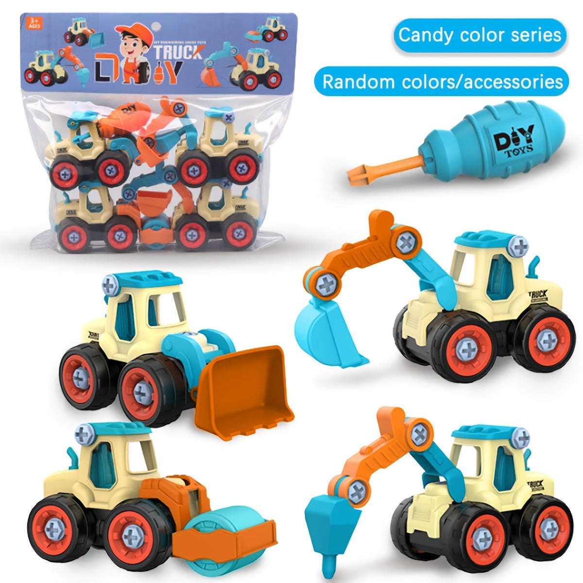 Juguete de coche de ingeniería para desmontar para niños para ensamblaje DIY y resolución de rompecabezas, azul y naranja, 3+