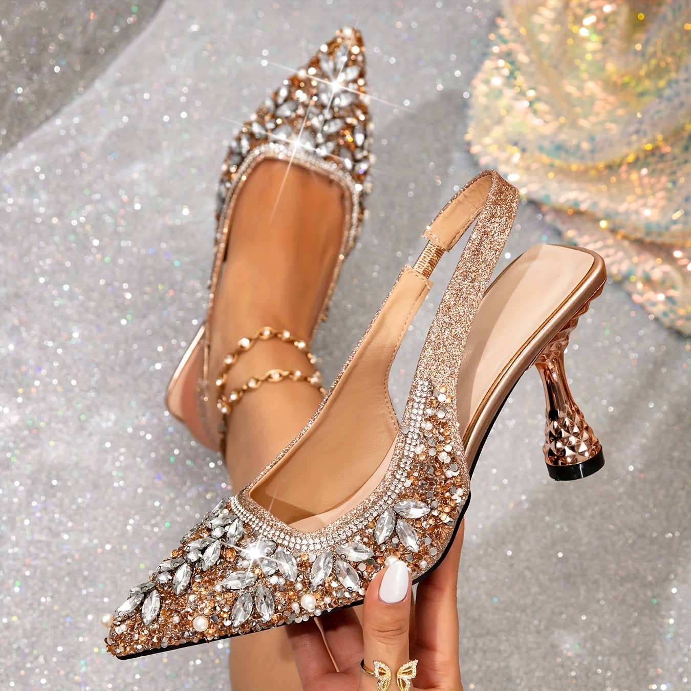 Women's Rhinestone Sequin Embellished Pointed Toe Ankle Strap High Heels