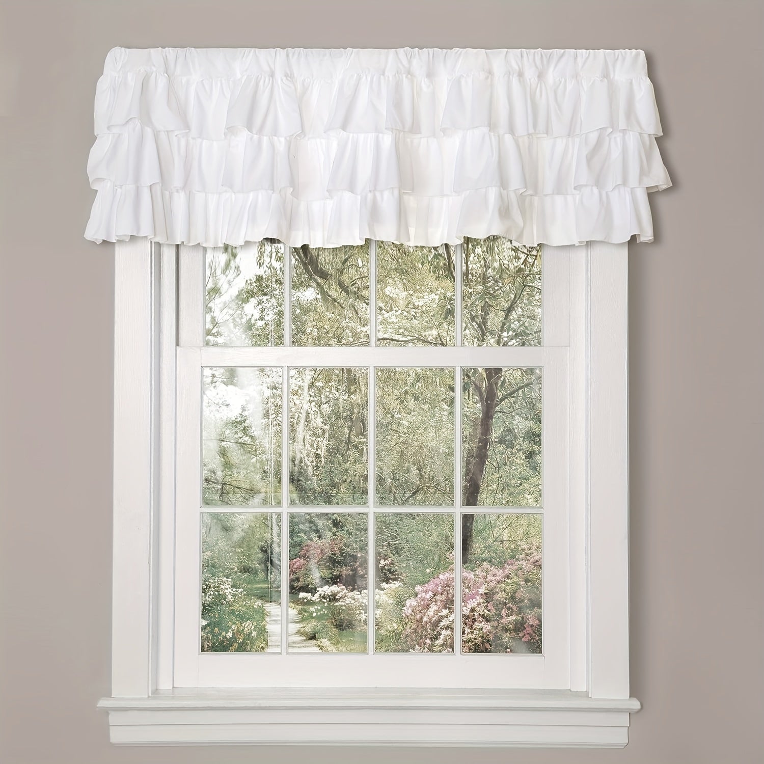 White Farmhouse Valance Curtain Tier with Ruffle Details for Kitchen Windows