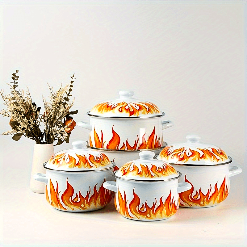 Enamel Cookware Set 5 Pieces Blue Floral Stackable Pots and Pans Kitchen