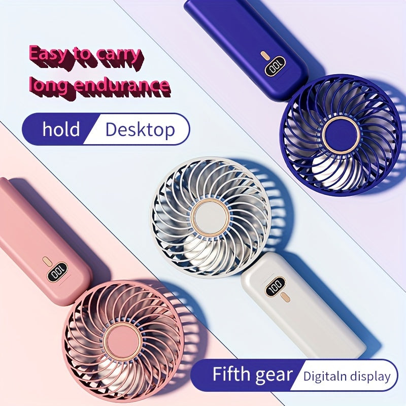 Portable Handheld Fan with 5-Speed Turbo Tilt, USB Rechargeable, Compact for Travel and Office