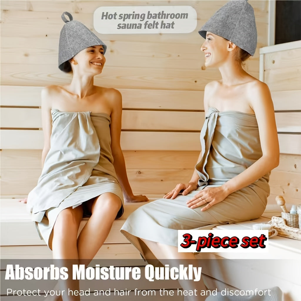 Set of 3 Gray Felt Sauna Hats Moisture-Wicking Quick-Dry Spa Accessories