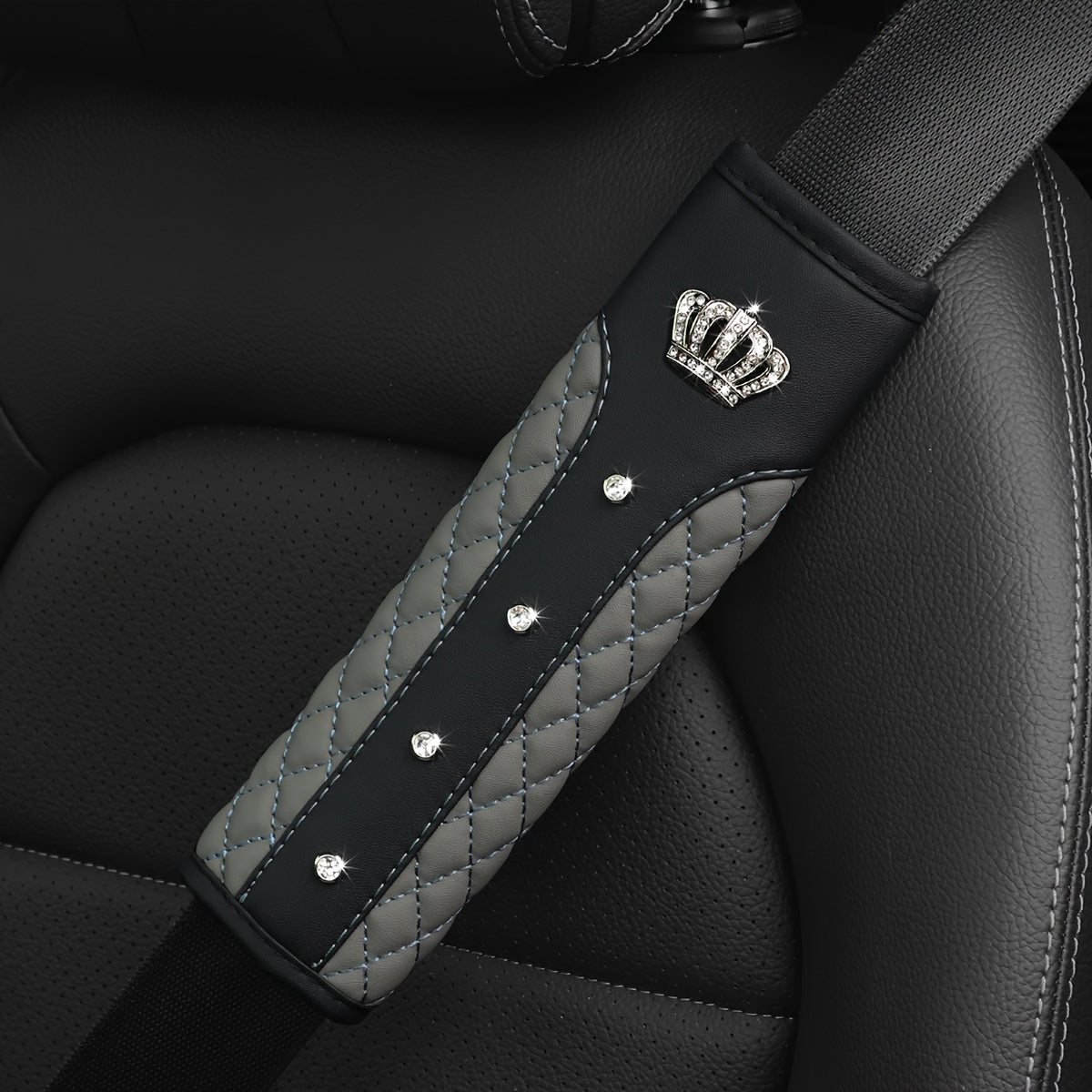 Car Seat Belt Shoulder Pad Red Black Quilted PU Leather Rhinestone Crown