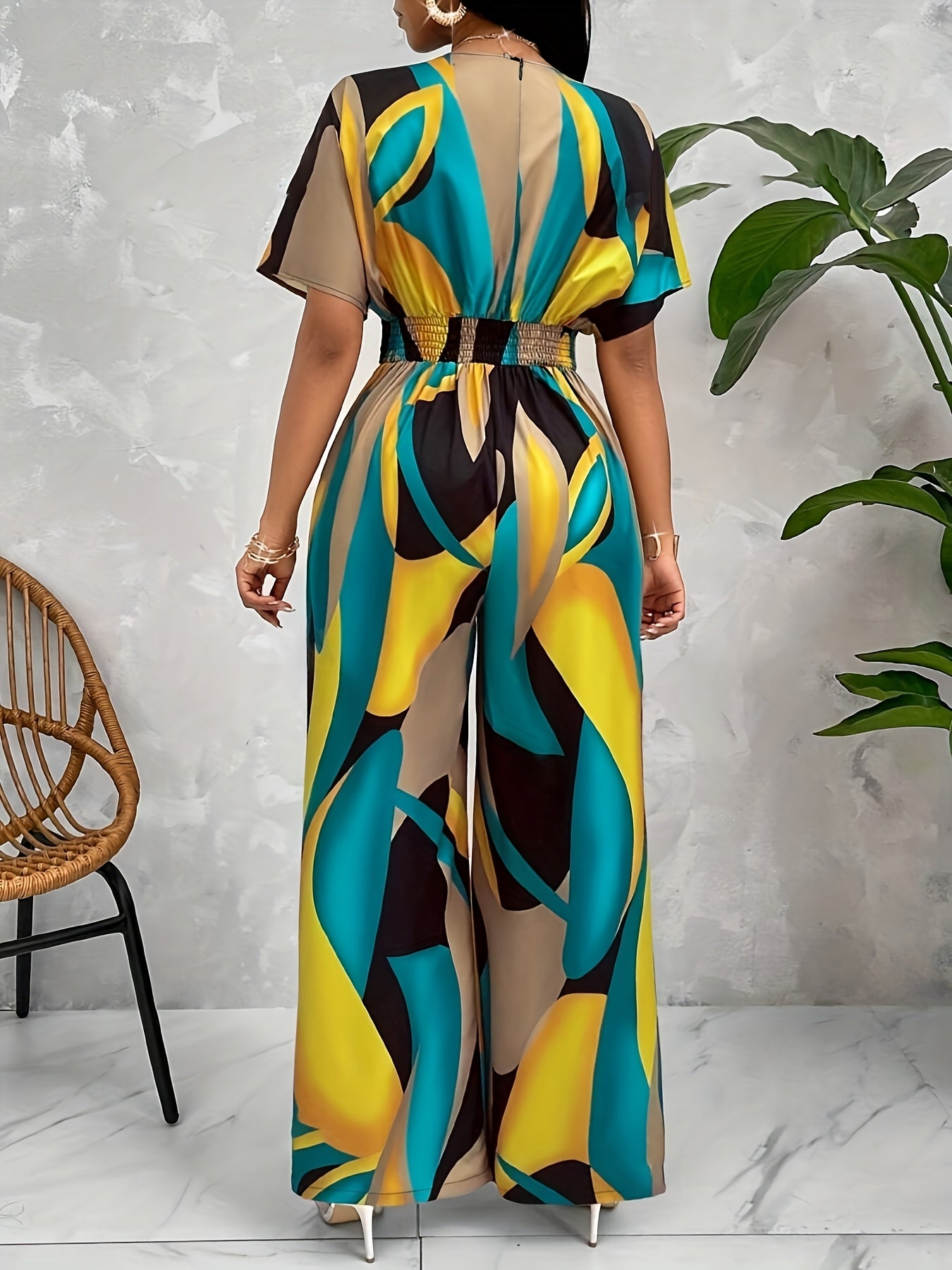 Women's Geometric Print Jumpsuit with Batwing Sleeves Tie Waist V-Neck All-Season Polyester