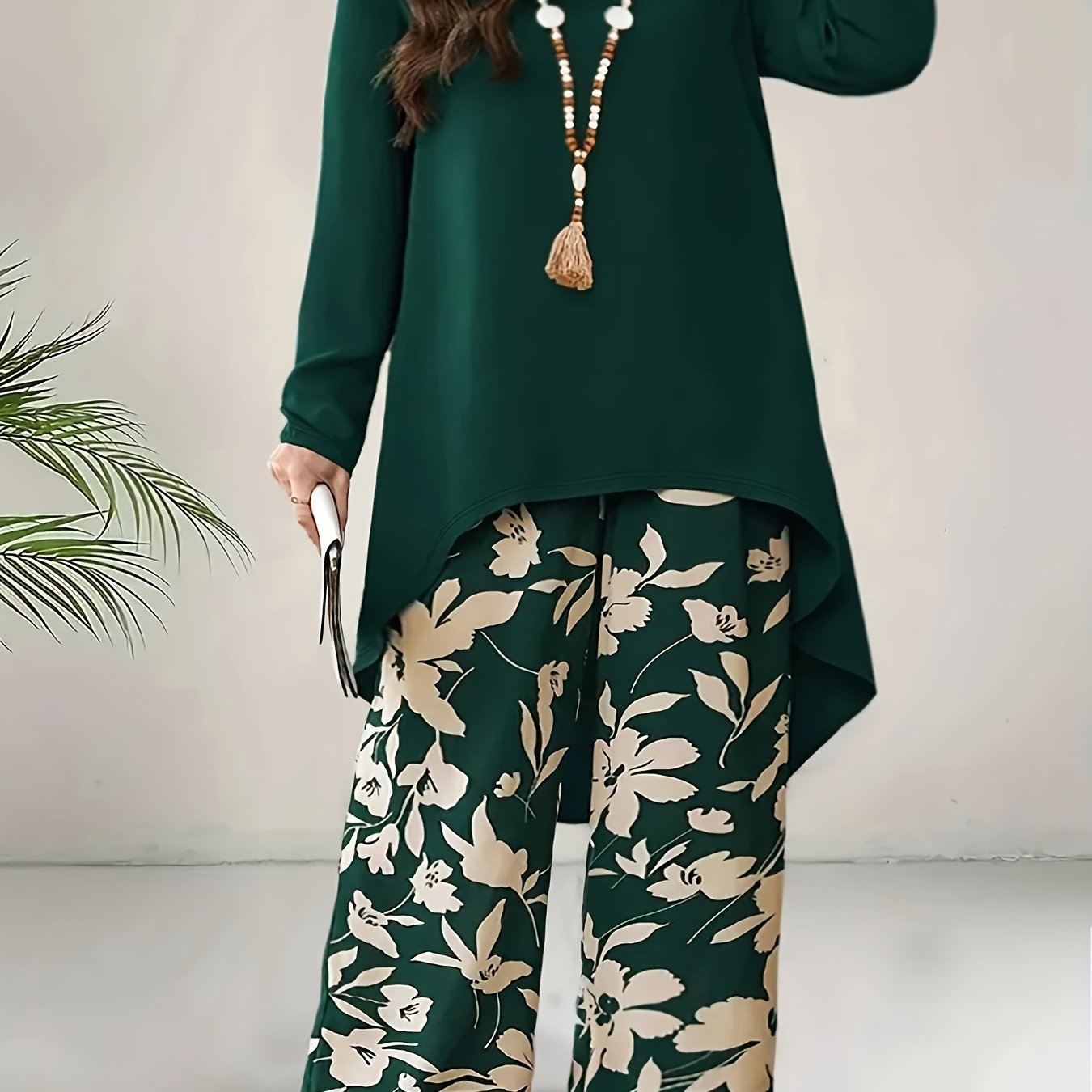 Plus Size Two-Piece Set with High Low Hem Top and Pants Vacation Wear