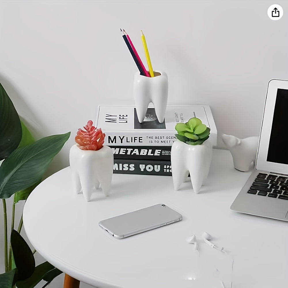 Ceramic Tooth-Shaped Pen Holder and Succulent Pot Rotates 360° Desk Organizer for Home Office