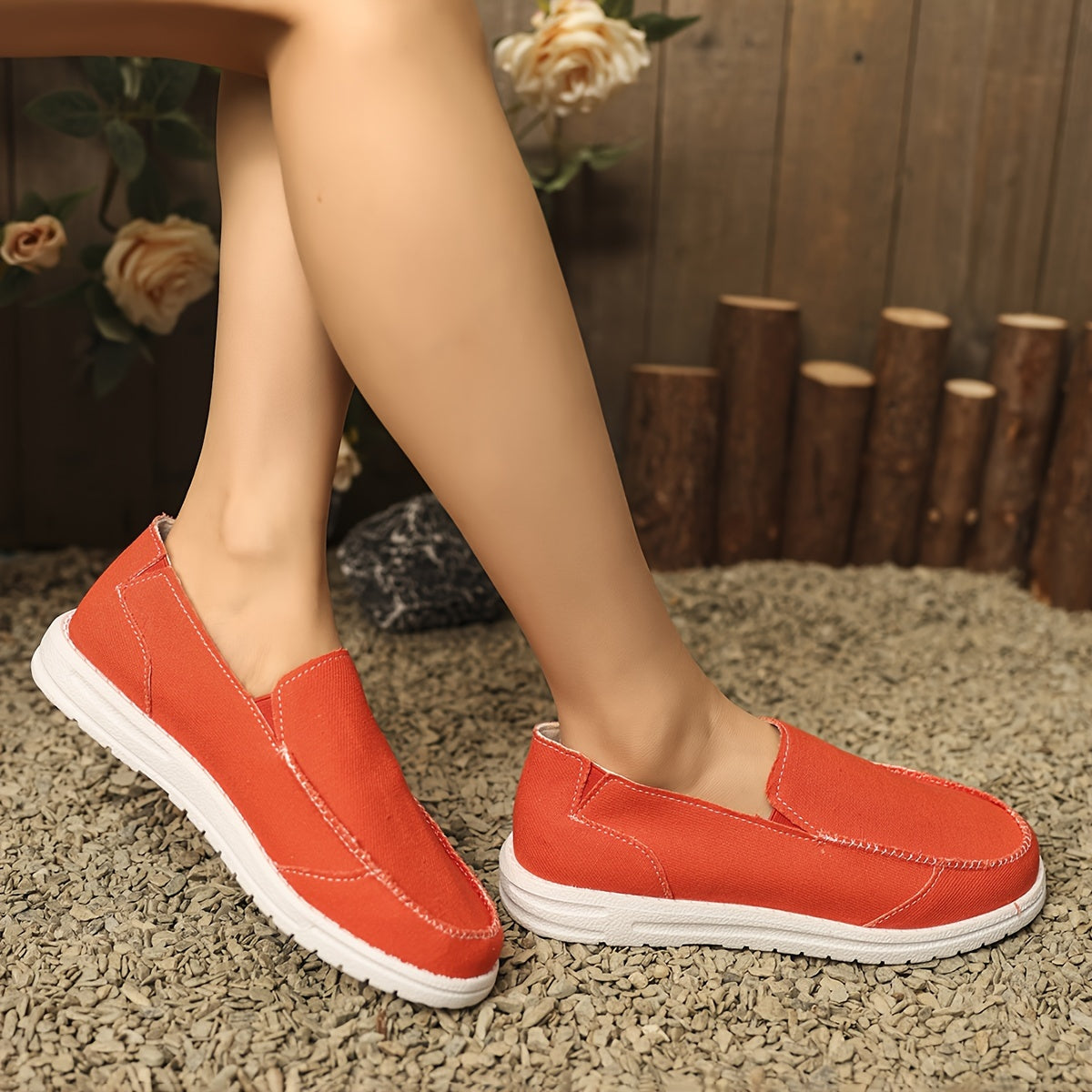 Women's Green Fabric Slip-On Loafers with Rubber Sole Comfortable Flats