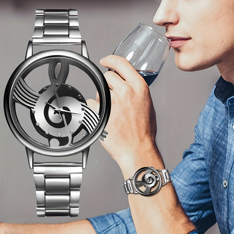 Men's Stainless Steel Quartz Watch with Musical Notation Dial