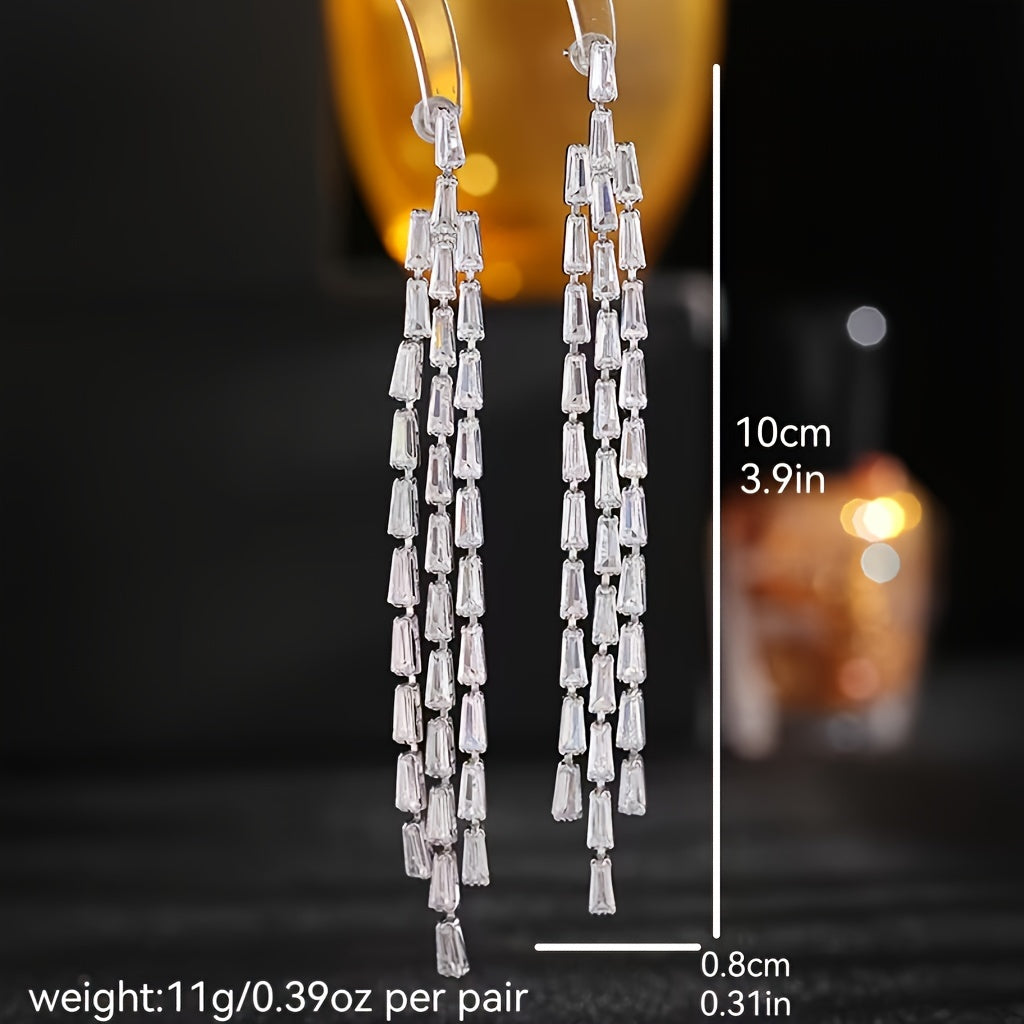 Wedding Jewelry Earrings with Zirconia Square Chain Tassel Design