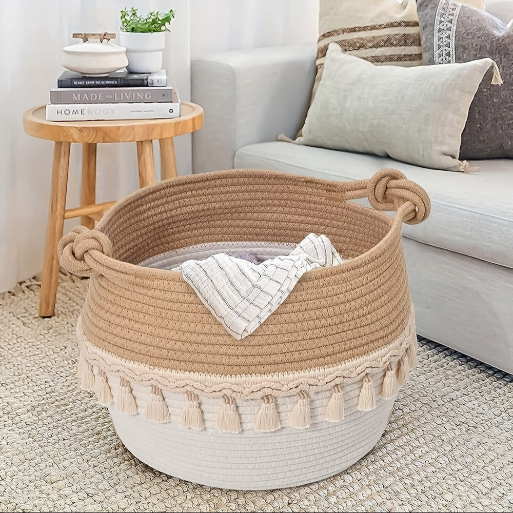 Bohemian Tassel Woven Storage Basket for Kids Nursery Toy and Laundry Hamper 30cm x 23cm