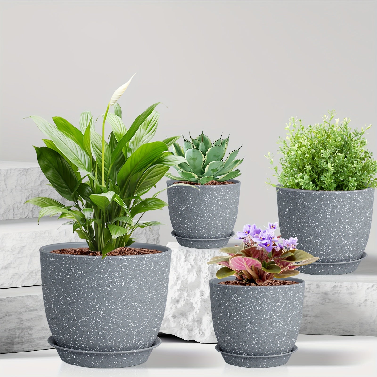 Set of 5 Self-Watering Plastic Planters with Drainage Holes for Indoor Outdoor Succulents and Houseplants