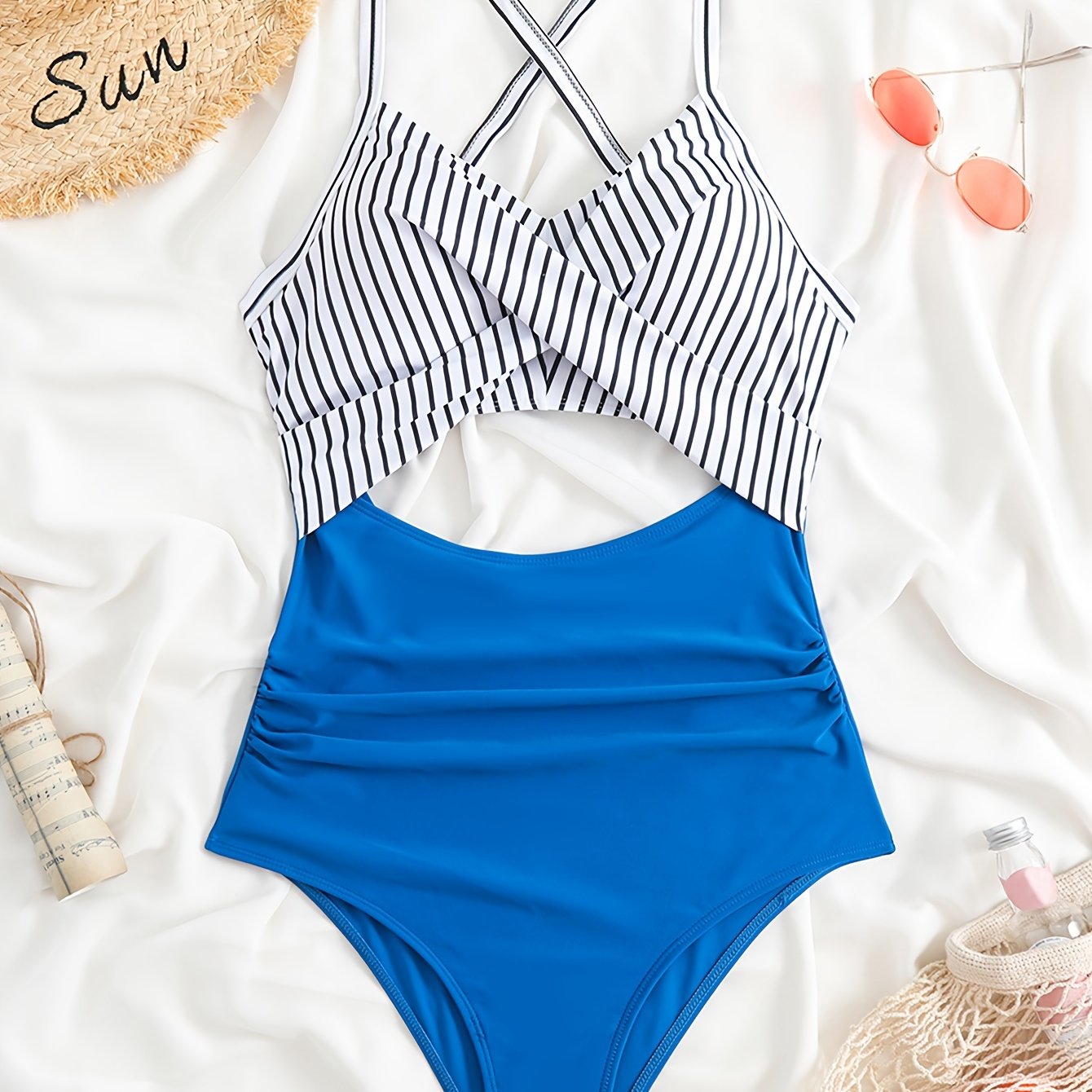 Women's Striped One-Piece Swimsuit with Cut-Out Twist and Criss Cross Tie Back