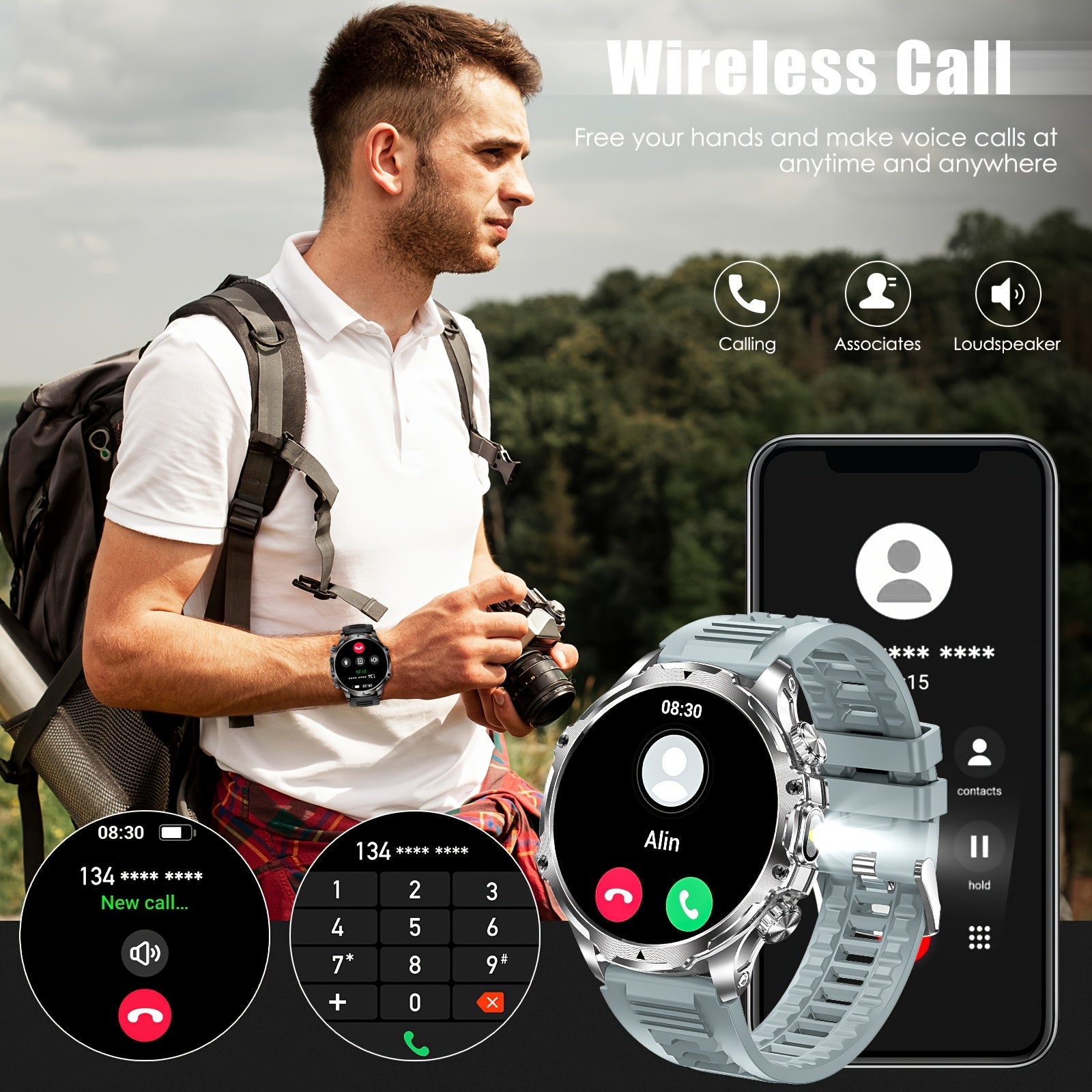 JELLOO 2024 Sport Aqlli Soat 800mAh batareya, 1.85" displey, simsiz qo'ng'iroqni javob berish, LED chiroq, USB zaryadlash, zanglamaydigan po'latdan yasalgan tasma, ko'p sport rejimlari, iPhone va Android uchun