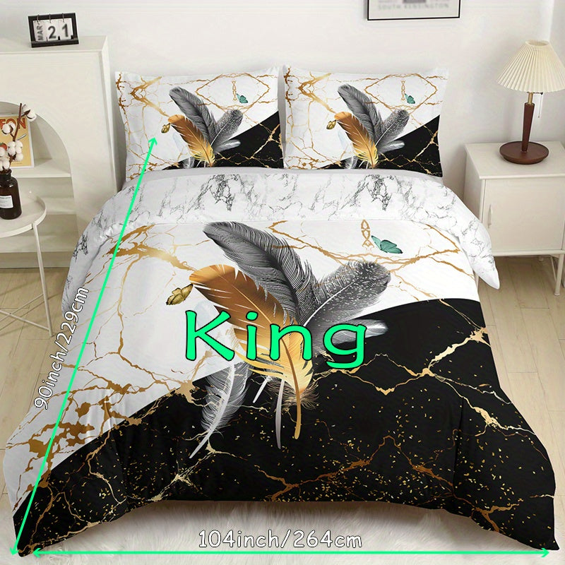 Duvet Cover Set with Marble Feather Print Soft Bedding for Bedroom and Guest Room
