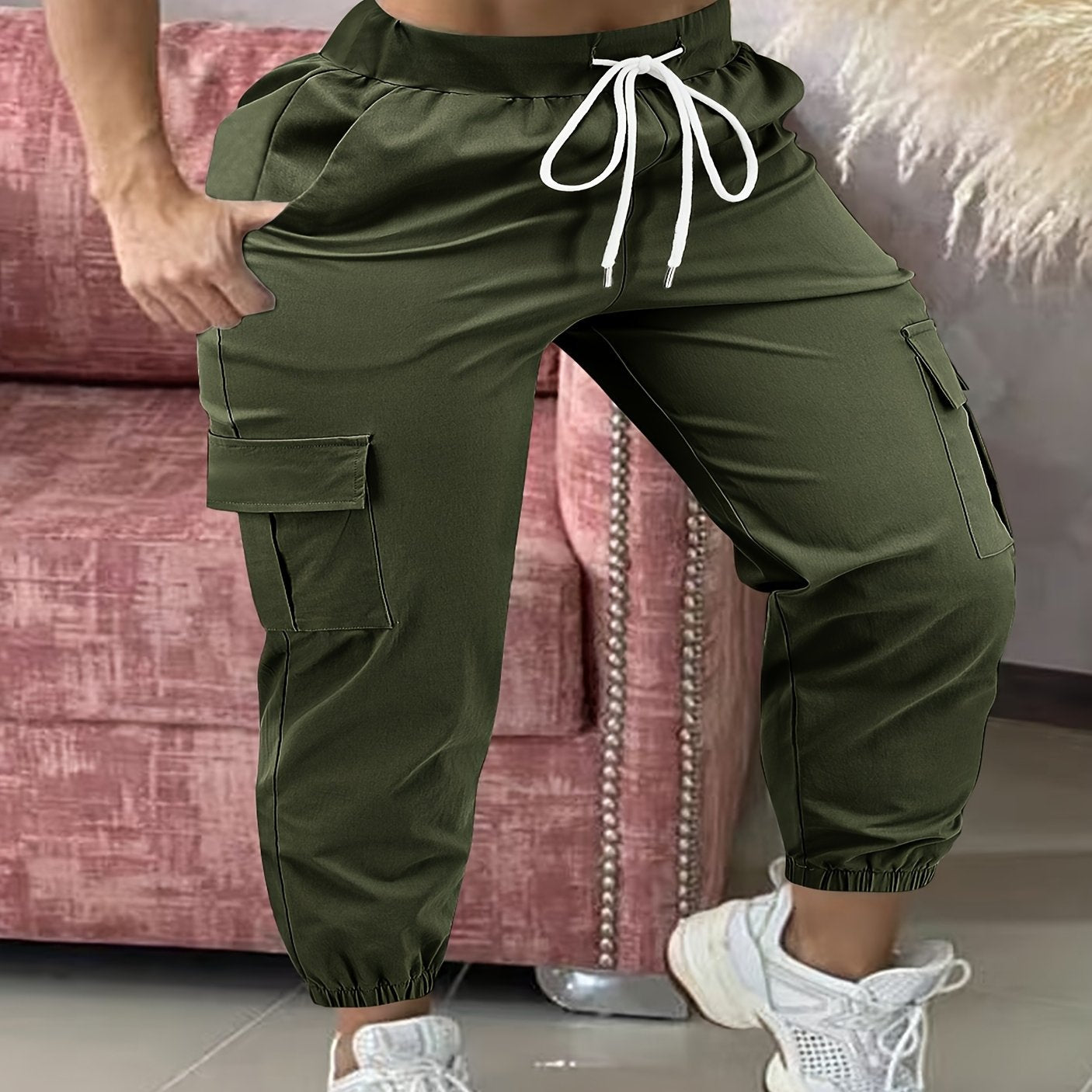Pantalones cargo de talla grande para mujer en color verde oliva, casuales, con cinturilla ajustable, para todas las estaciones