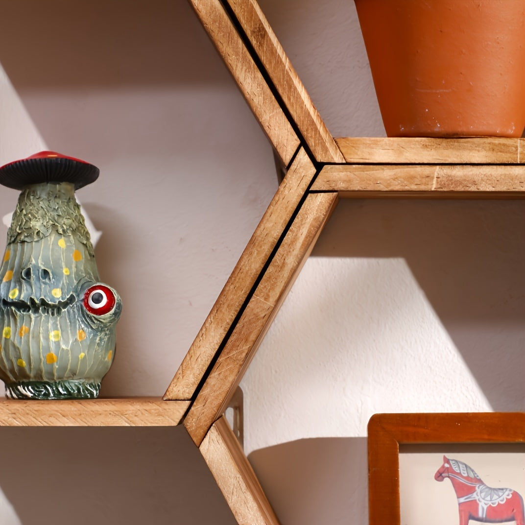 Brown Wood Hexagon Wall Shelf for Bedroom and Living Room Decor
