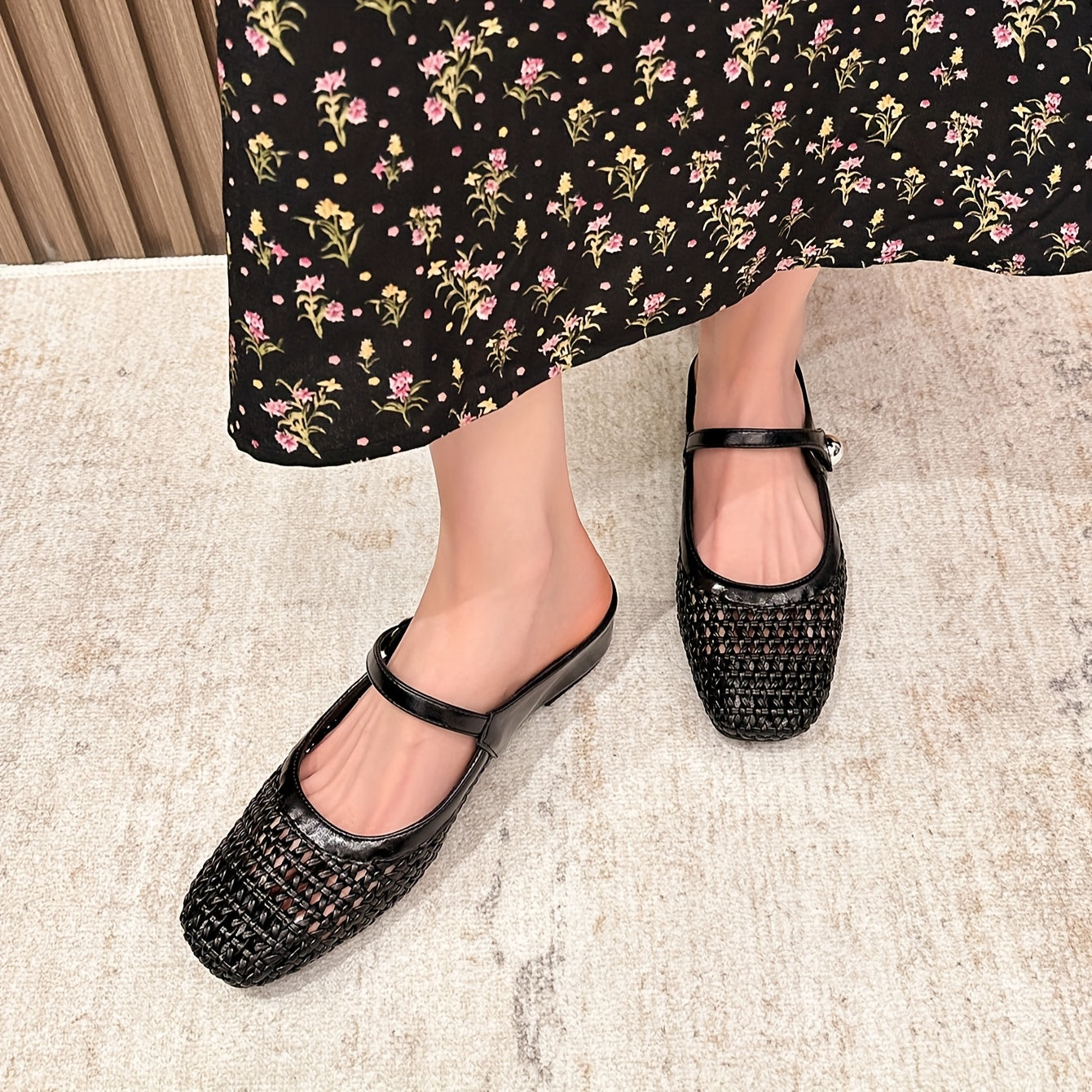 Женские туфли-лодочки на плоской подошве с квадратным носком и дышащим верхом из PU