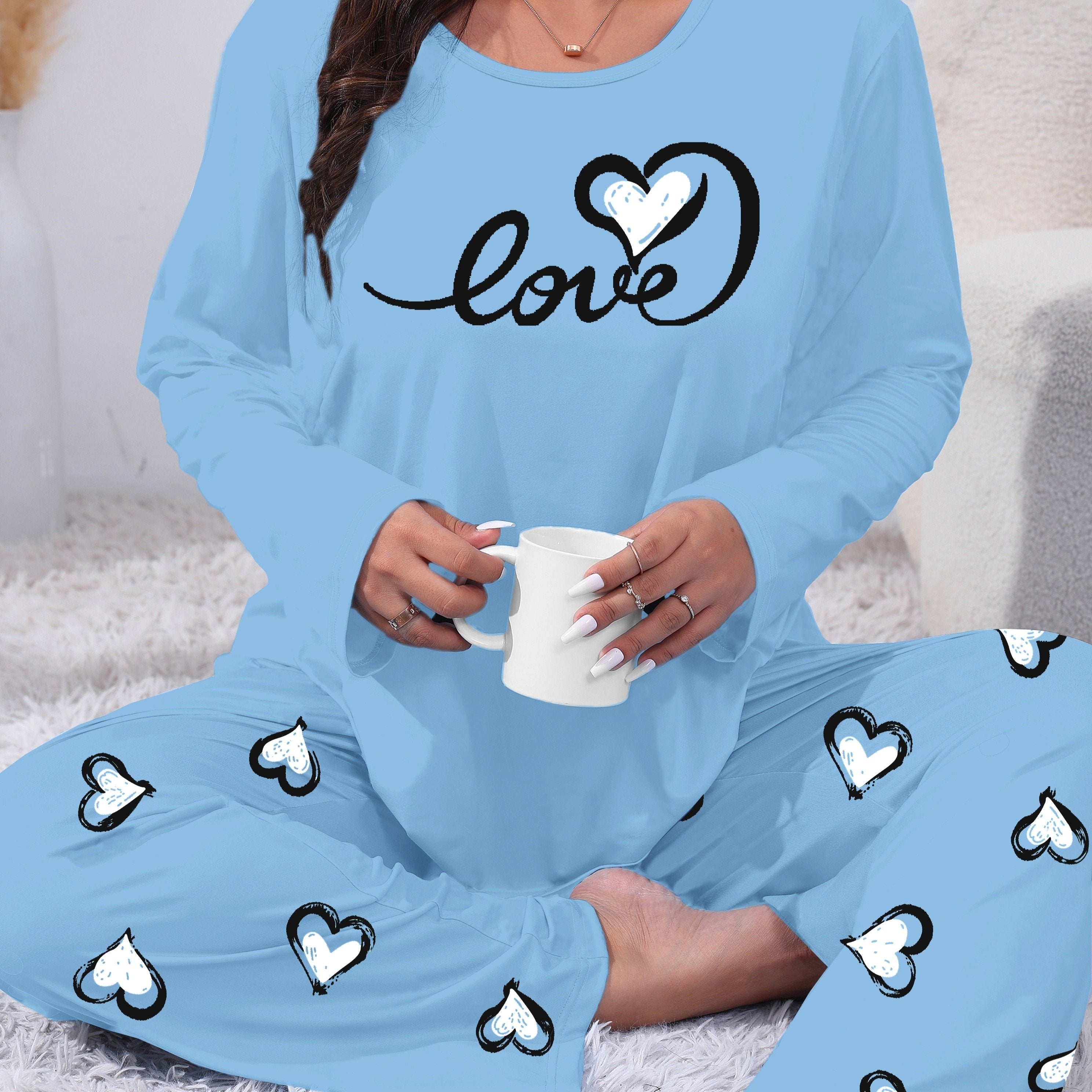 Plus Size Women's Knit Pajama Set Long Sleeve Heart Print Lounge Sleepwear