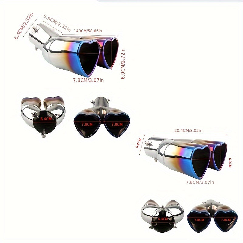 Car Stainless Steel Dual Outlet Heart-Shaped Exhaust Tailpipe 3.81-5.84 cm