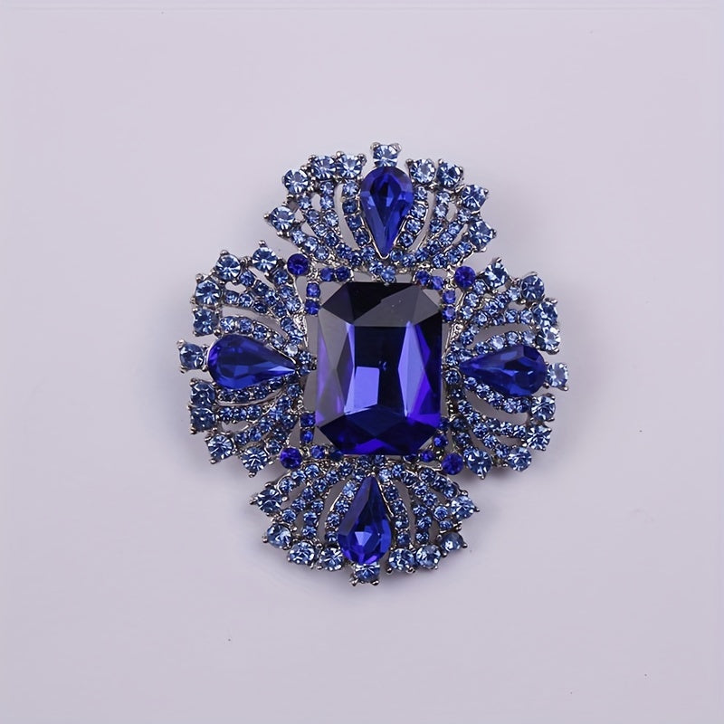 Sapphire Blue Crystal Brooch for Women Glass Rhinestone Fashion Pin for Dresses