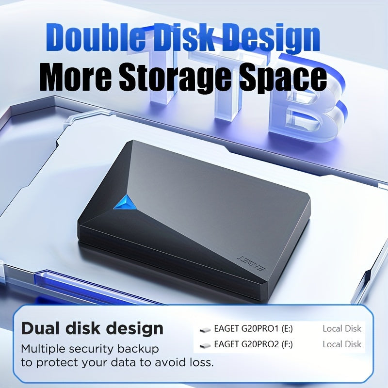 1TB Portable External Hard Drive USB 3.0 Dual Disk for PC Mac Laptop Gaming