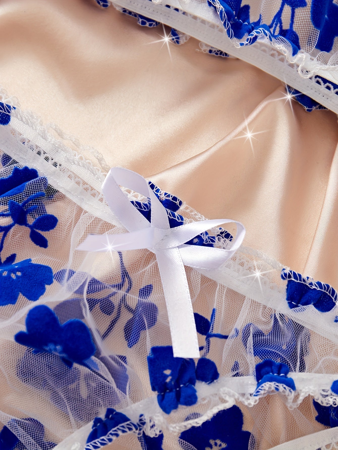 Women's Blue Floral Print Lingerie Set with Bow-Tie Bra and Low-Rise Panties