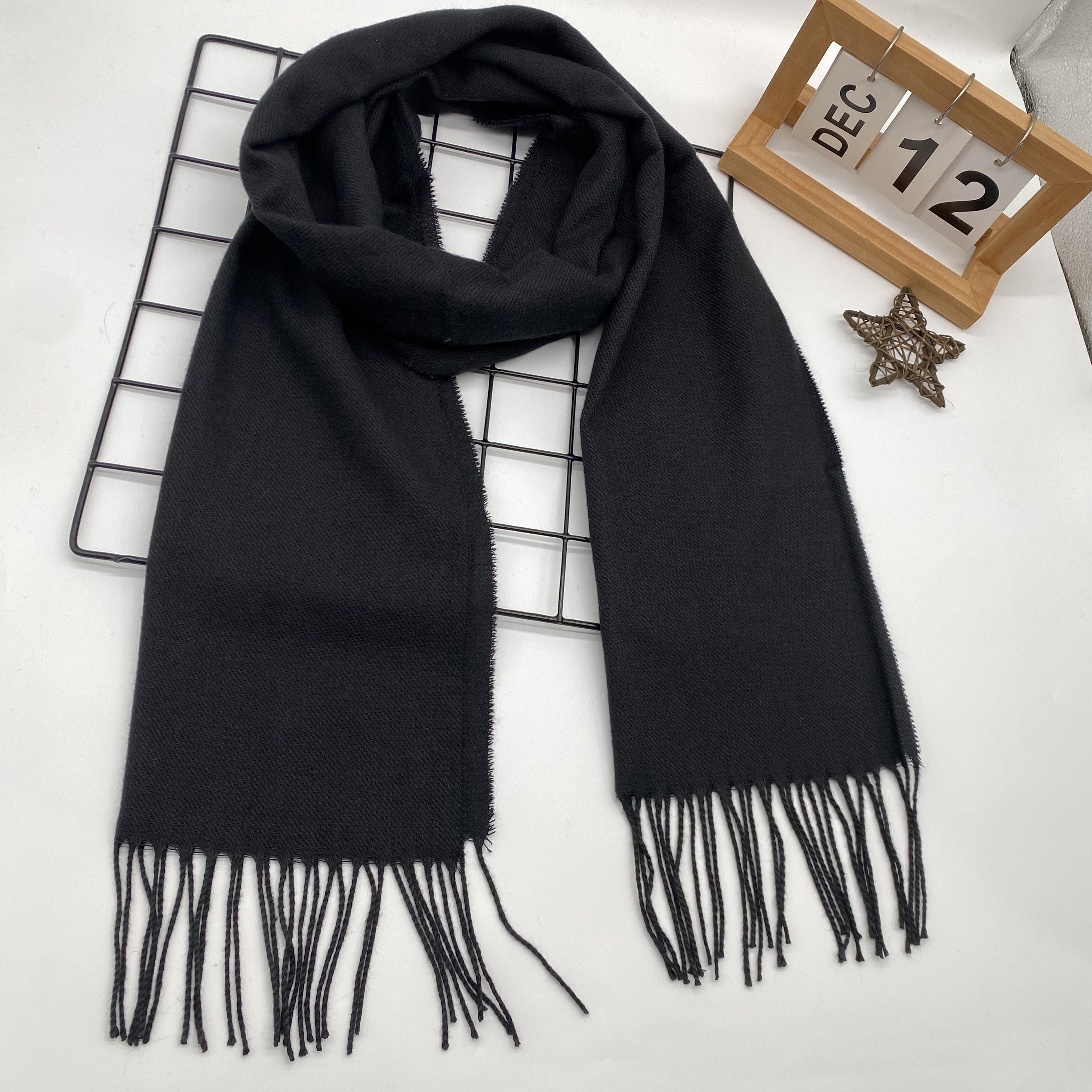 Men's Winter Plaid Scarf with Tassel Edge Soft Polyester Woven Accessory