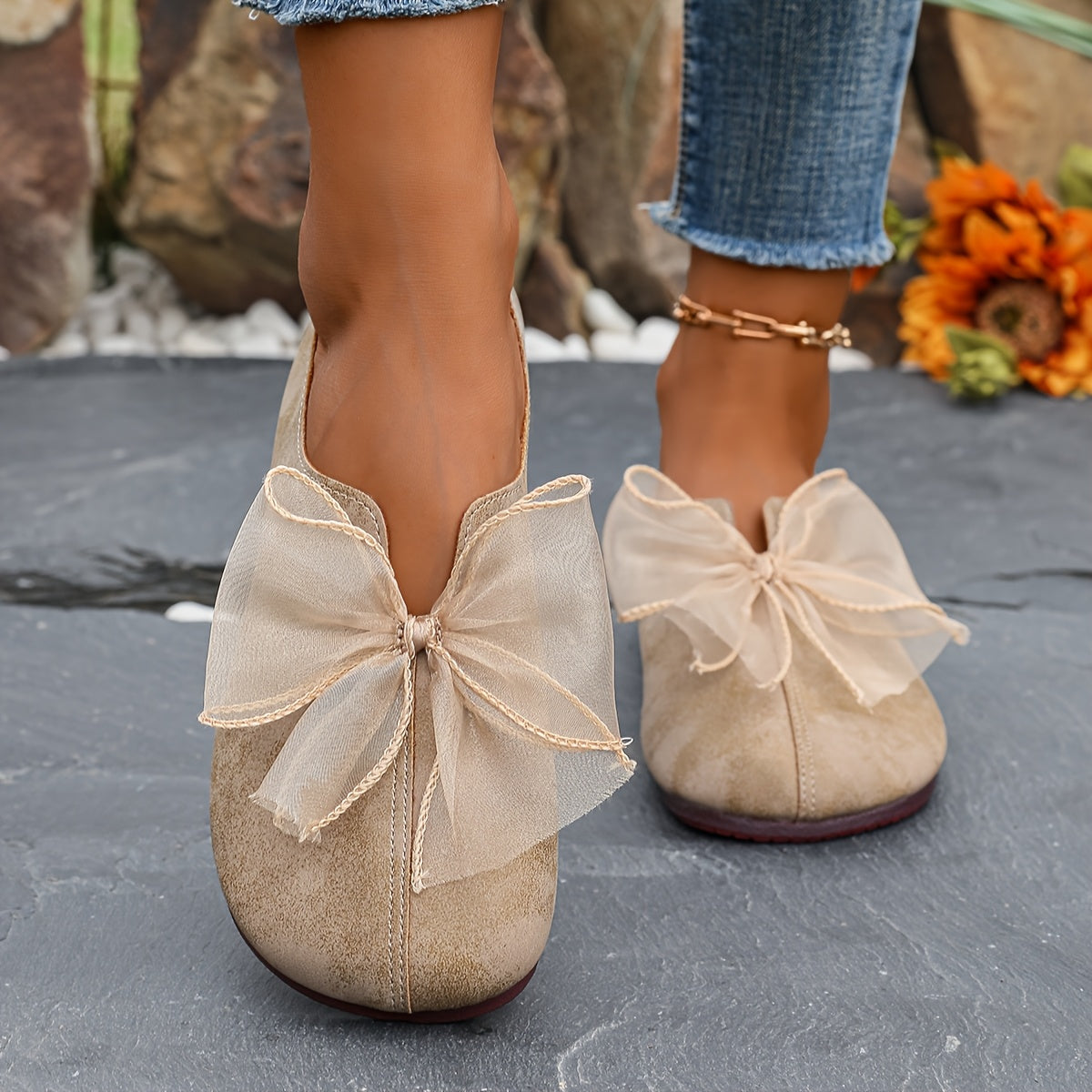 Women's Navy Blue Slip-On Flats with Black Bowknot Leather Upper