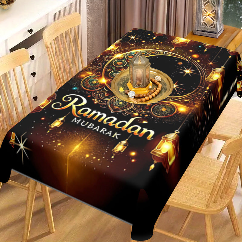 Elegant Ramadan Mubarak Square Polyester Tablecloth with Ethnic Moon Print for Eid Celebrations and Home Decor