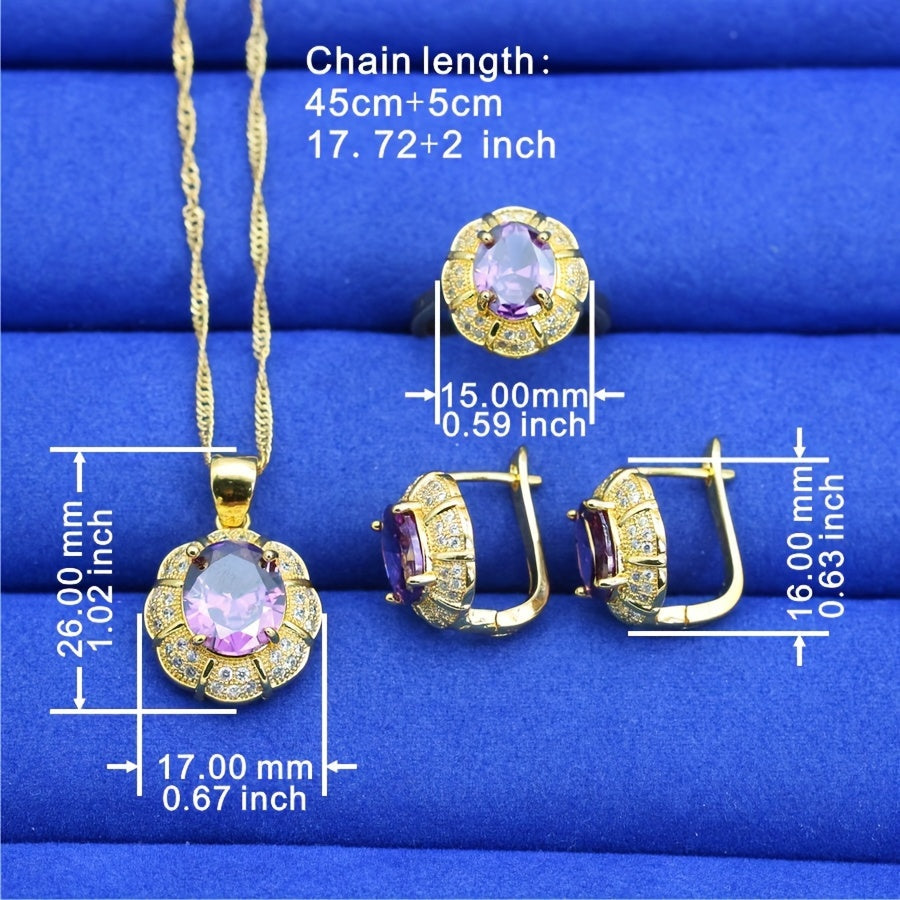 Purple Zirconia Jewelry Set for Women with Necklace Earrings Bracelet and Ring