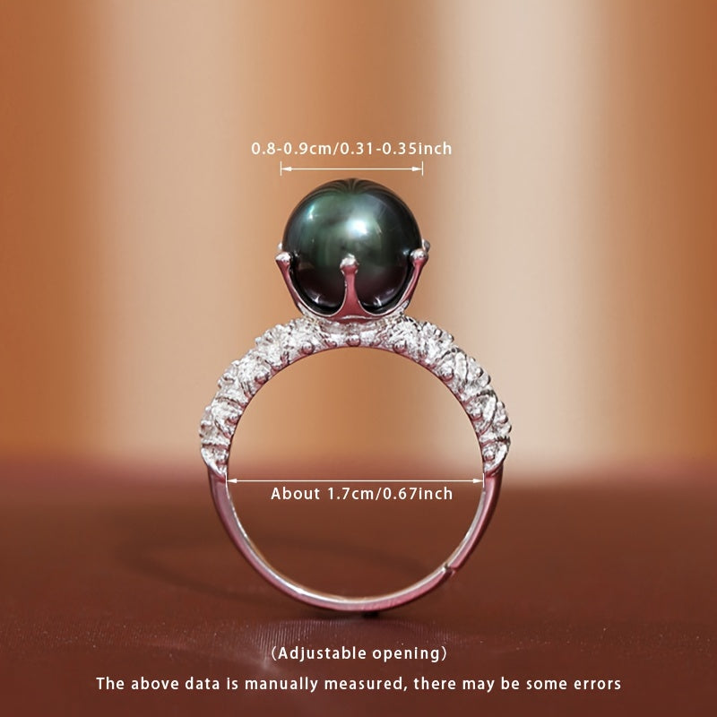 Vintage-Inspired Open Silver Ring with Black Pearl 8-9mm for Weddings and Birthdays