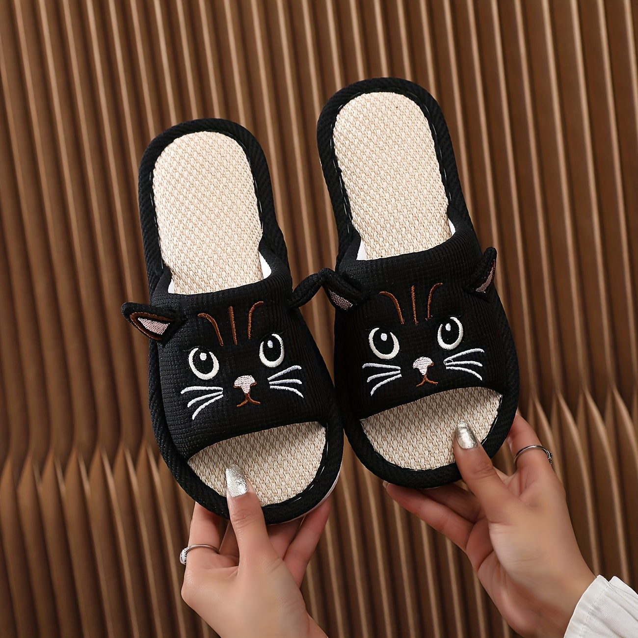 Kids or Adults Cartoon Cat Slippers Linen EVA Sole Non-Slip Open-Toe