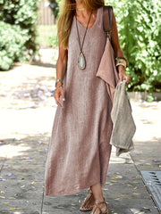 Solid Color V-Neck Maxi Dress Sleeveless Casual for Summer and Spring