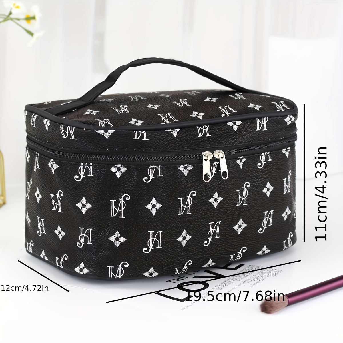 Minimalist Beige Synthetic Leather Makeup Bag with Black Handles and Zippers