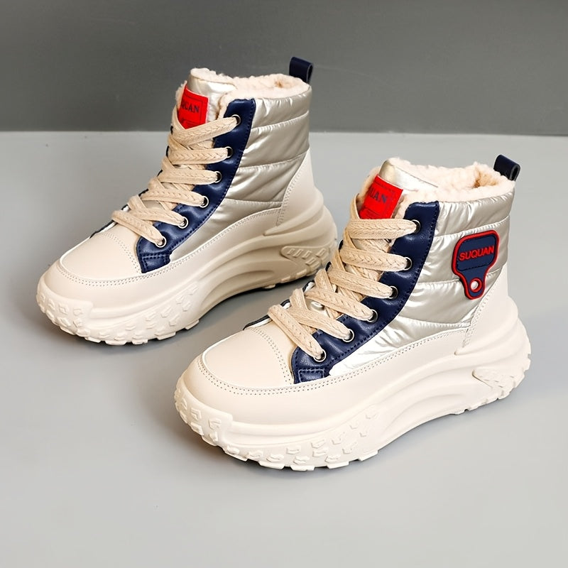 Women's Fleece-Lined Platform Ankle Boots Winter Casual Lace-Up Black Brown Beige