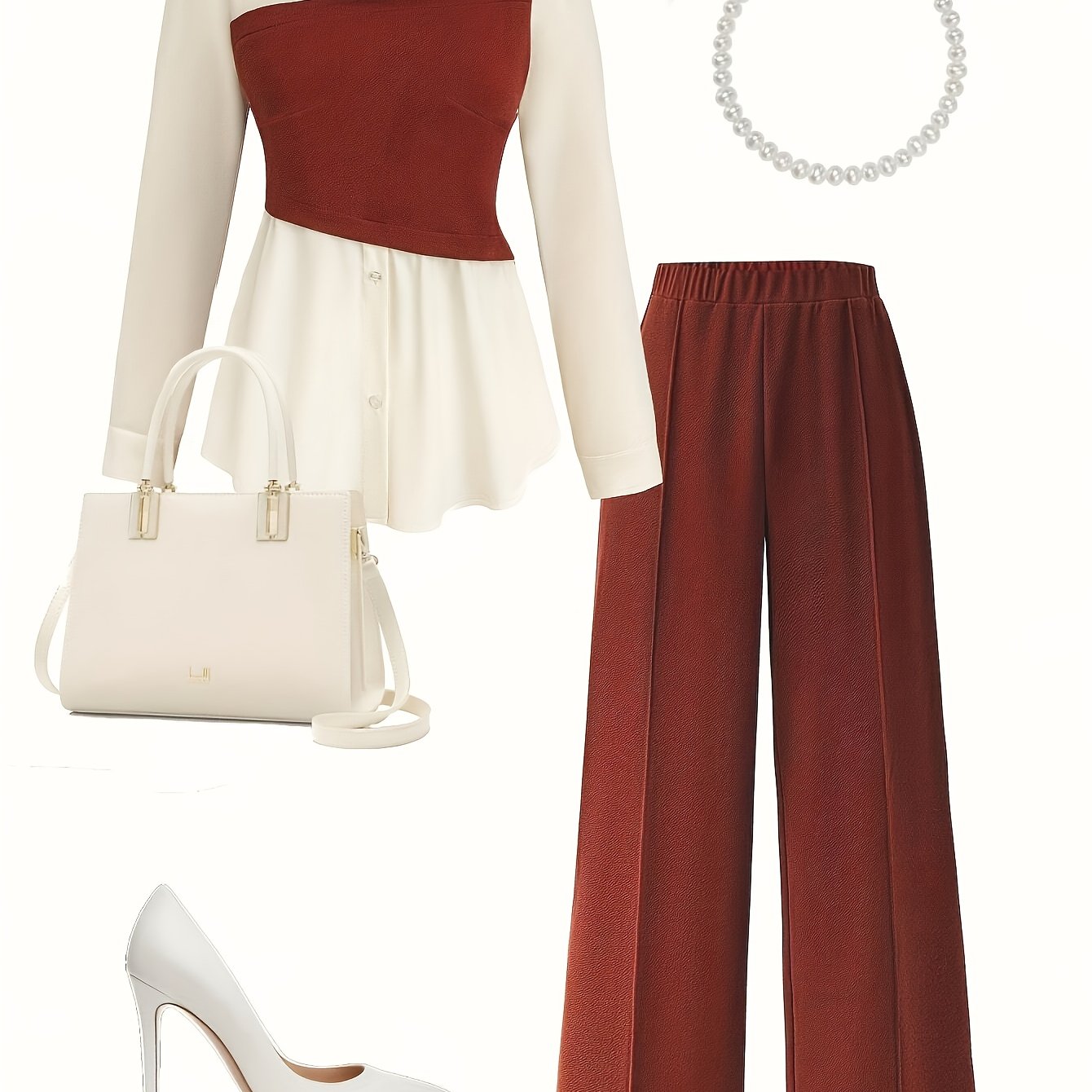 Women's Two-Piece Set in Burgundy and White Polyester Spring Fall Elegant