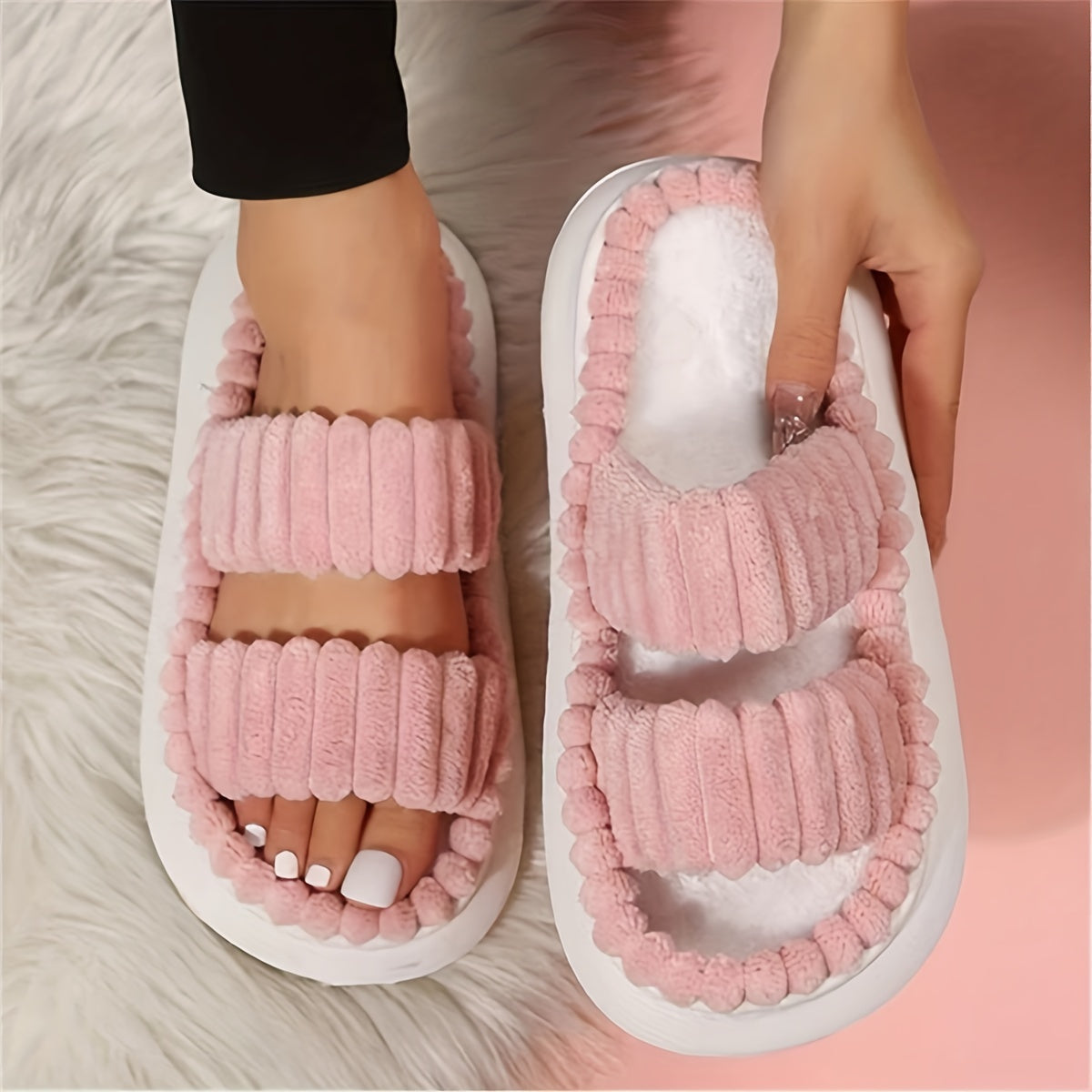 Women's Plush Slippers Open Toe Non Slip Indoor Platform Slides