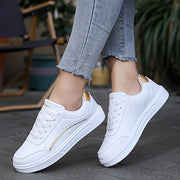 Women's Breathable White Sneakers - Lightweight Casual Shoes with Golden Accents