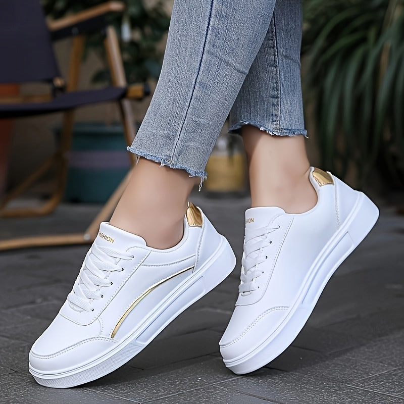 Women's Breathable White Sneakers - Lightweight Casual Shoes with Golden Accents