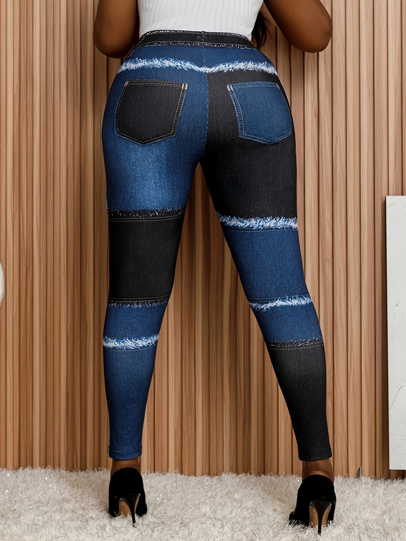 Women's High-Waisted Denim-Style Leggings Black and Blue Two-Tone Stretch