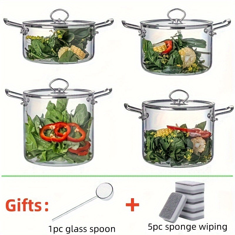Olla de sopa de vidrio de borosilicato con mangos de acero inoxidable 2.5L-5.5L con set de esponja y paño