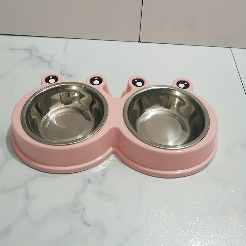 Stainless Steel Double Bowl for Small Dogs and Cats with Pet Frog Design