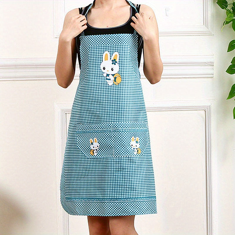 Polyester apron, turli ranglarda qiziqarli quyon multfilm dizayni bilan, pishirish va oshxona ishlari uchun ideal. Quvvatlash uchun sozlanadigan kamarlar.