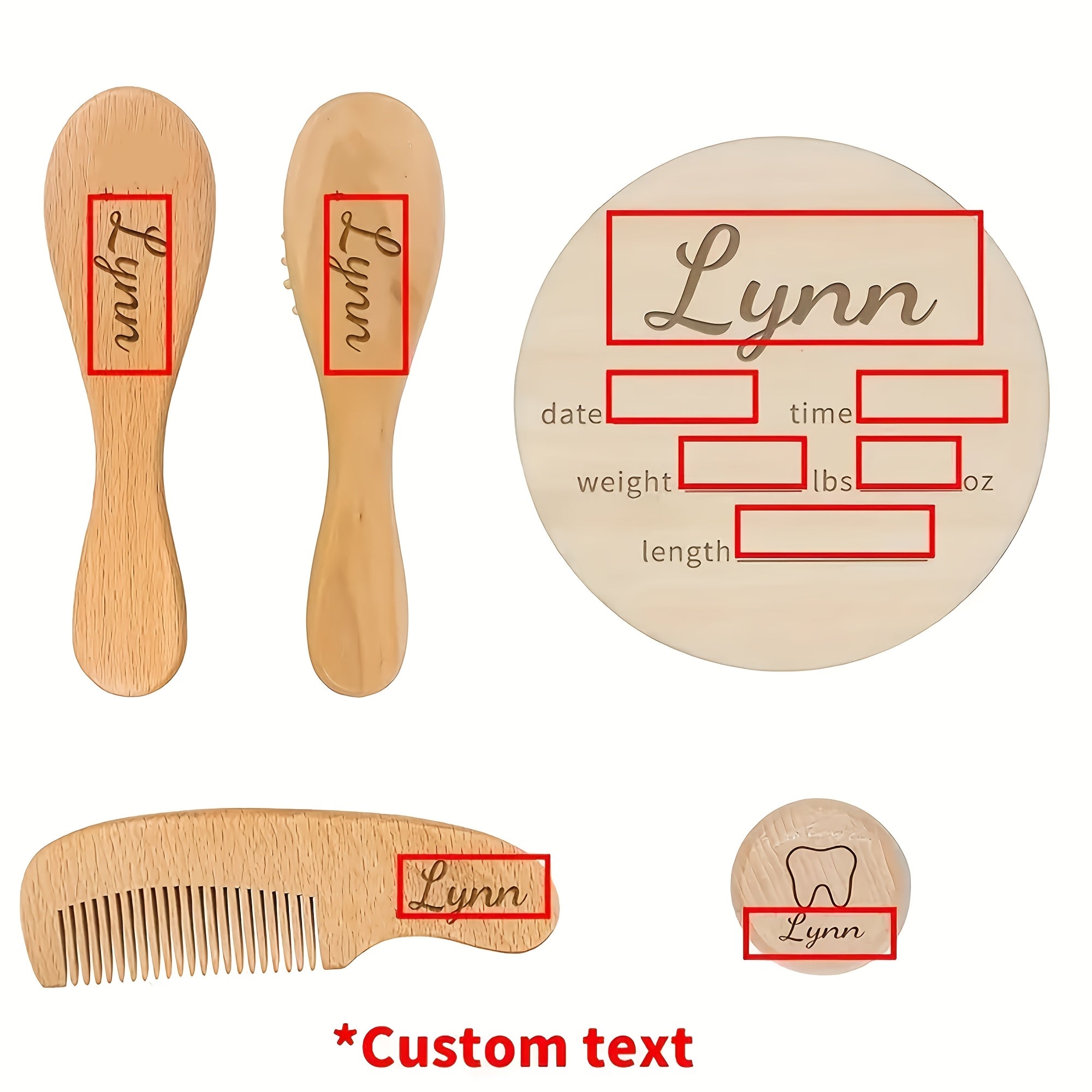 Набор из 5 персонализированных кастомных щеток для волос и расчесок с деревянной коробкой для зубов и табличкой для роста. Включает в себя шерстяные щетинки, ручку из бука и расческу для нормальных волос.