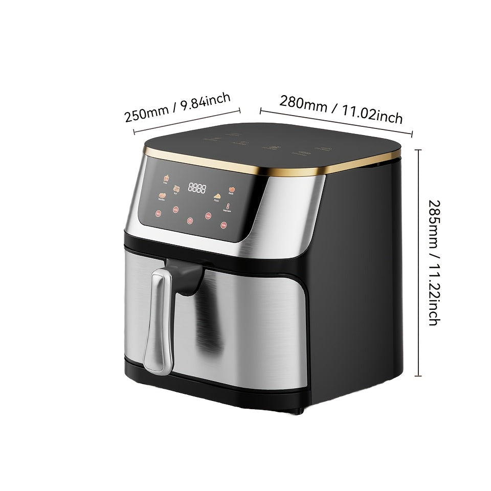 Family size electric air fryer with temperature control, non-stick coating, 10 preset touch options, and multiple cooking functions